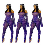 Euramerican Flat Shoulder Printing Slim Women Jumpsuit For Sale NK066