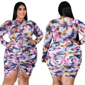 Sexy Tie Dye Printed V-Neck Long Sleeves Pleated Drawstring Plus Size Mini Dress YFS1284