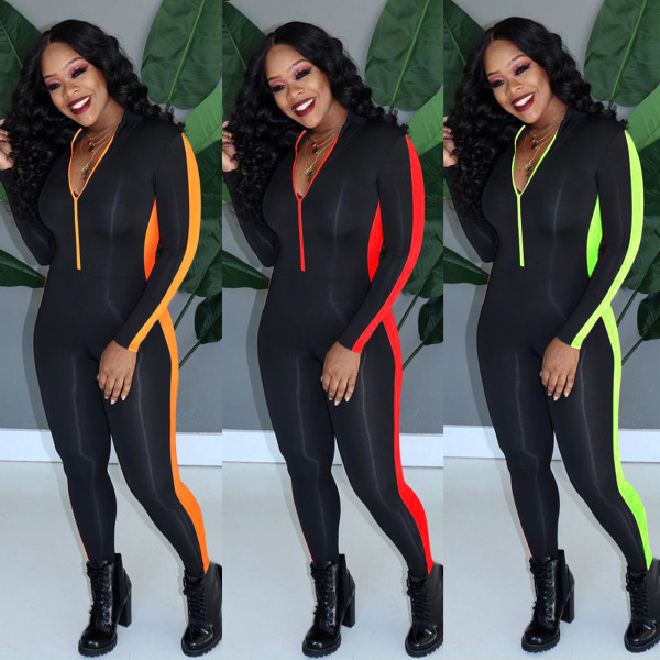 Wholesale Tight Color Splicing Sport Jumpsuit With Zipper ED8153