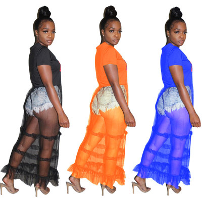 Color Eye Print Sheer Mesh Ladies Dress LSN715