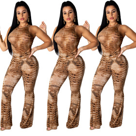 Sleeveless Top Flared Pants Snake Print Polyester Suits CY1168