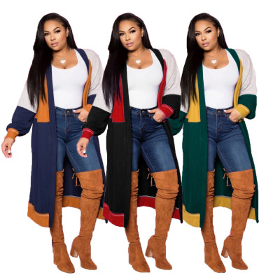 Plus Size Colors Patchwork Cardigan Long Sleeve Loose Coat AA5126