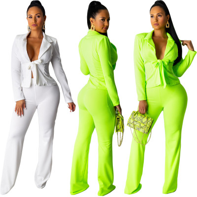 Long Sleeves Tied Coat Solid Color Long Pants Female Suits YY5073