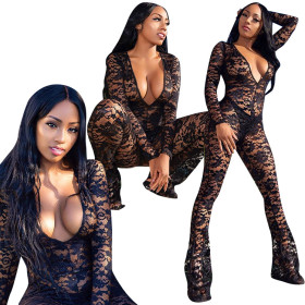 Hot Sale See Through Long Sleeve Deep V Collar Lace Jumpsuit F8147