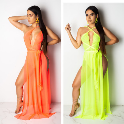 Beach  Ladies Solid Color High Split Bandage Maxi Dress R6175