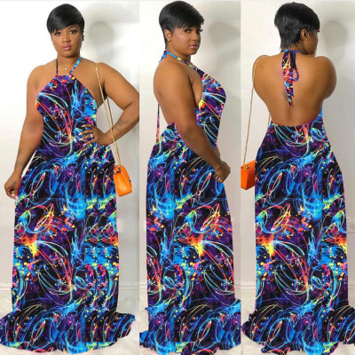 Trendy Halter Neck Printing Maxi Dress For Lady QQ5100