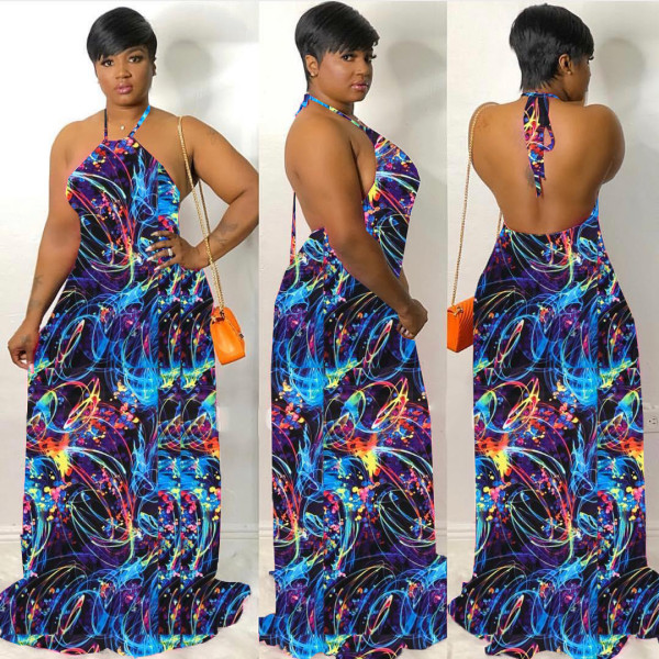 Trendy Halter Neck Printing Maxi Dress For Lady QQ5100