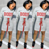 Autumn Letter Printed Long Sleeves Hooded Strappy Sweater Mini Dress K8929