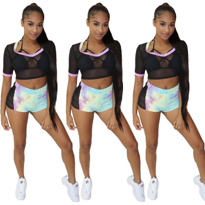 Newest Suits Mesh Short Sleeves Top Printing Women Shorts LY5065