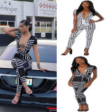 Black And White Stripe Deep V Neck Tight Jumpsiut With Belt T3336H