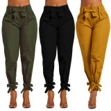 All-Match Ladies Comfy Solid Color Bandage Long Pants D8290
