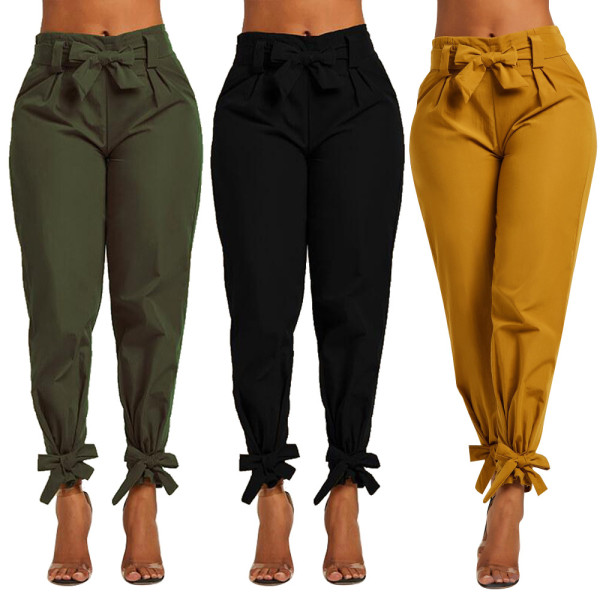 All-Match Ladies Comfy Solid Color Bandage Long Pants D8290