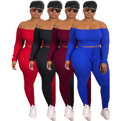 Off Shoulder Crop Tops Knitting Pants Sets H1085