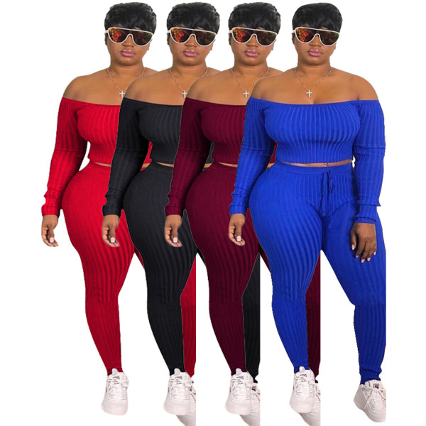 Off Shoulder Crop Tops Knitting Pants Sets H1085