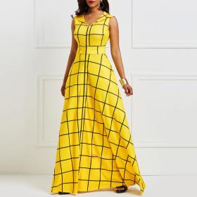 Ladies Sleeveless Checks Yellow Maxi Dresses SFY16