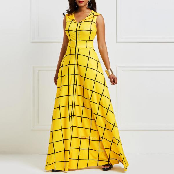 Ladies Sleeveless Checks Yellow Maxi Dresses SFY16