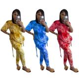 Women's fashion casual gold velvet tie-dye drawstring pleated suit two-piece suit W8317