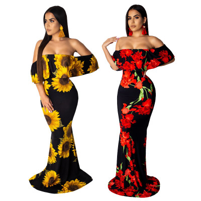 Fashion Yellow/Red Floral Print Off Shoulder Maxi Dress SMR9274