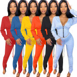 Deep V zipper sexy Womens hooded jacket with ruffle trousers two-piece suit HHM6347