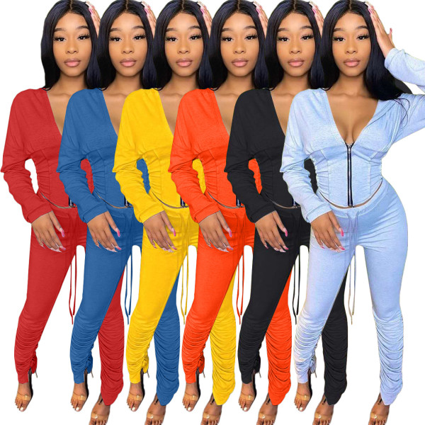 Deep V zipper sexy Womens hooded jacket with ruffle trousers two-piece suit HHM6347