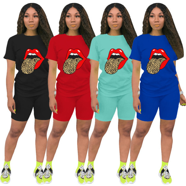 Fashion Lips Printed Short Sleeves T-Shirt With Shorts Two Piece Set MD345