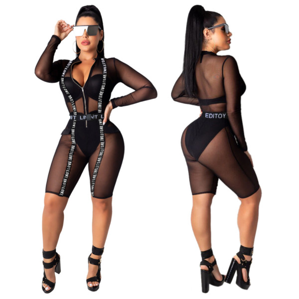 Hot Sexy Mesh Letters See Through Black Mid Jumpsuit QZ5306