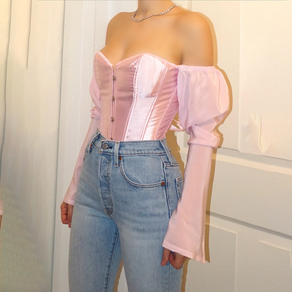 Sexy Solid Color Off Shoulder Backless Long Sleeves Top A19406T