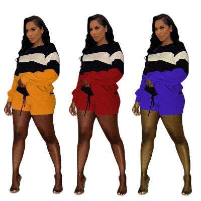 Striped Long Sleeve T Shirts Mini Shorts Fashion Knitting Sets CM633