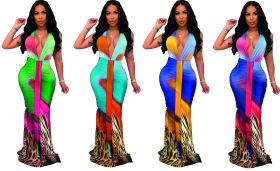 Printed casual fashion V-neck large swing nightclub dress LZ578