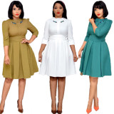 Popular Ladies Pleated Embroidery Pure Color Knee Length Dress CF469