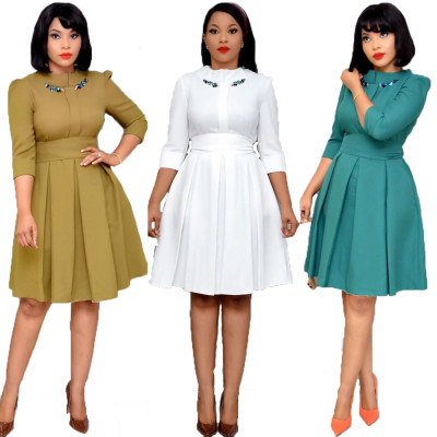 Popular Ladies Pleated Embroidery Pure Color Knee Length Dress CF469
