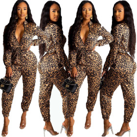 Fashion High Waist Leopard Printing Jumpsuit With Zipper OMY5162