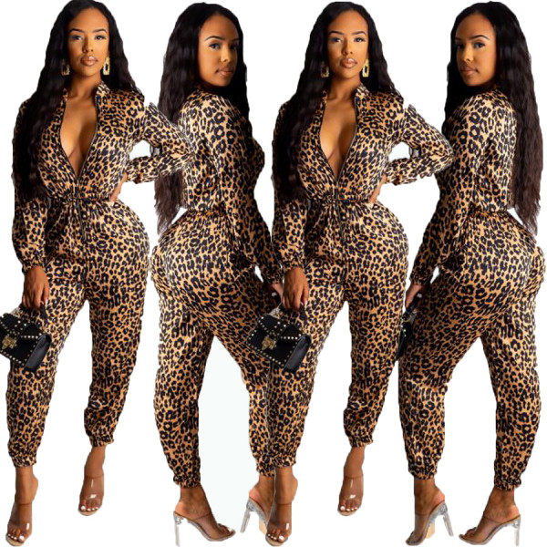 Fashion High Waist Leopard Printing Jumpsuit With Zipper OMY5162