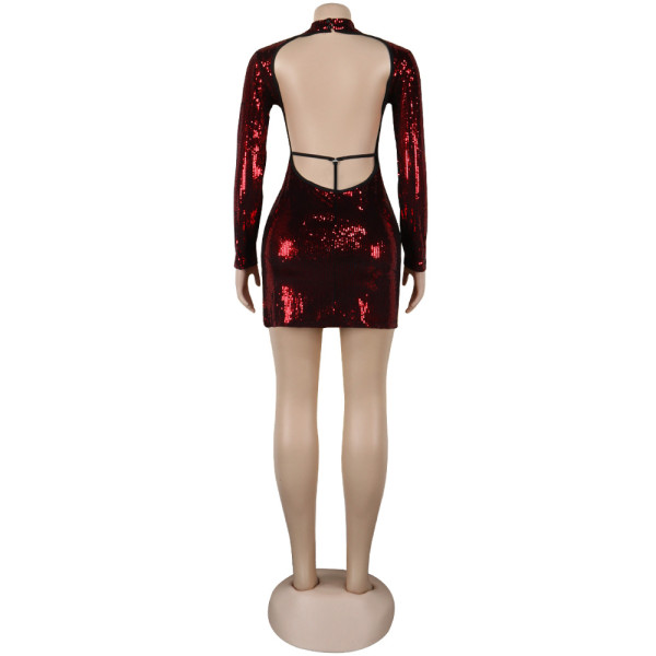 Sexy sequins open back long sleeve dress nightclub K8877