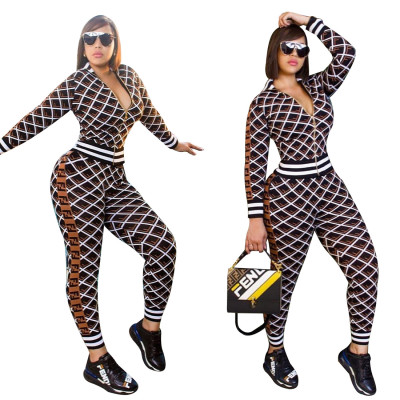 Women Bodycon Street Style Two-Piece Plaid Long Outfits YZ1971