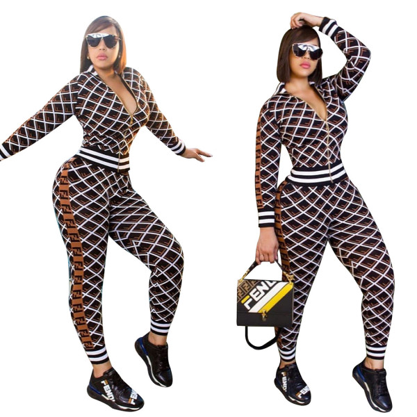 Women Bodycon Street Style Two-Piece Plaid Long Outfits YZ1971