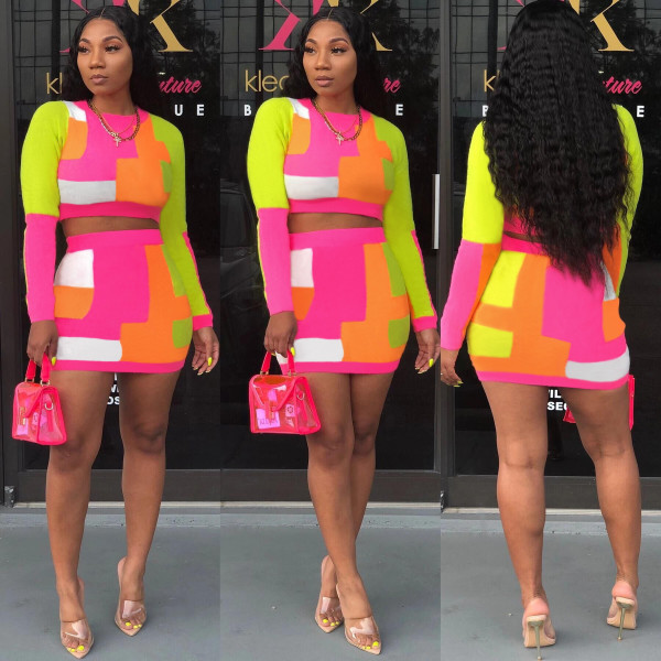 Color Block Fashion Suits Long Sleeves Top Bodycon Skirt KF132