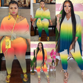 Casual Gradient V-Neck Slit Loose Two-piece Nightclub Suit K2011
