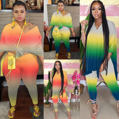 Casual Gradient V-Neck Slit Loose Two-piece Nightclub Suit K2011