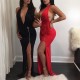Sexy Backless Black/Red High Split Halter Neck Maxi Dress BN9023