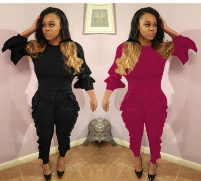 Autumn Casual Solid Color Female 2 Pieces Ruffle Suits H1223