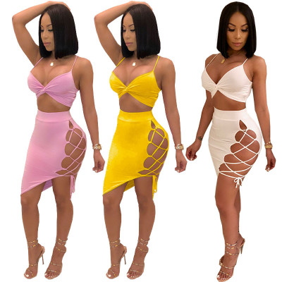 Strappy Bra Top Bandage Skirt Plain Color Sexy Sets ZL1077