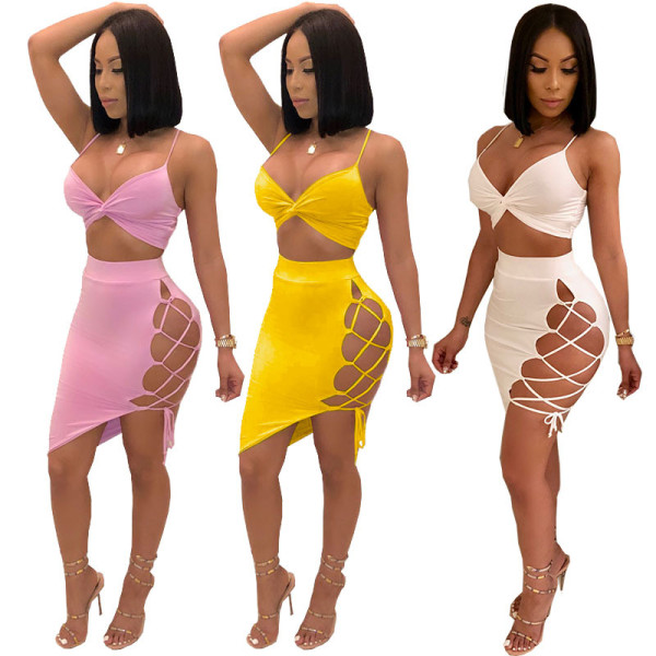 Strappy Bra Top Bandage Skirt Plain Color Sexy Sets ZL1077