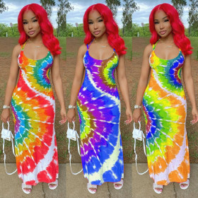 New sexy suspenders tie dye printing dress women S6221