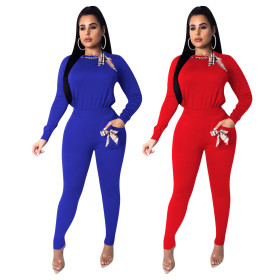 Solid color sports two-piece suit pants suit QM3584
