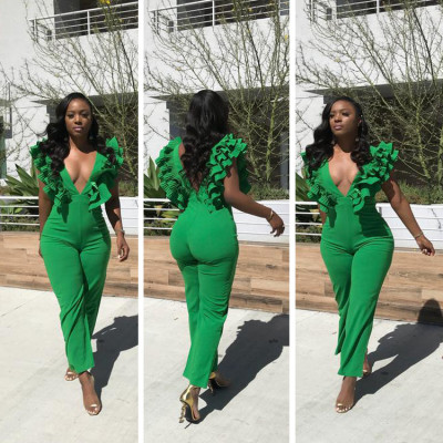 Ruffle Women Plain Color Deep V Collar Long Jumpsuit F1624