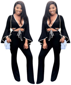 Leisure Outfits Bandage Flare Sleeve Top Straight Trousers YMT6041