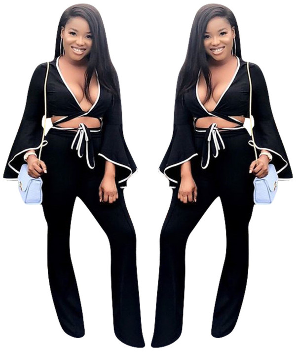 Leisure Outfits Bandage Flare Sleeve Top Straight Trousers YMT6041