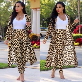 Leopard Printing Hot Sets Cardigan Long Coat Tight Pants K8576