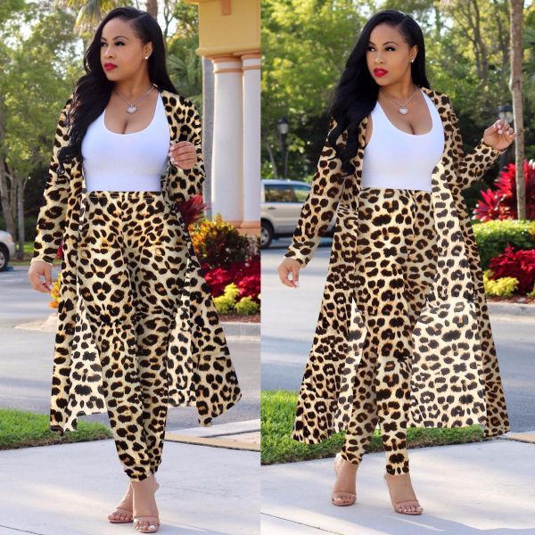 Leopard Printing Hot Sets Cardigan Long Coat Tight Pants K8576